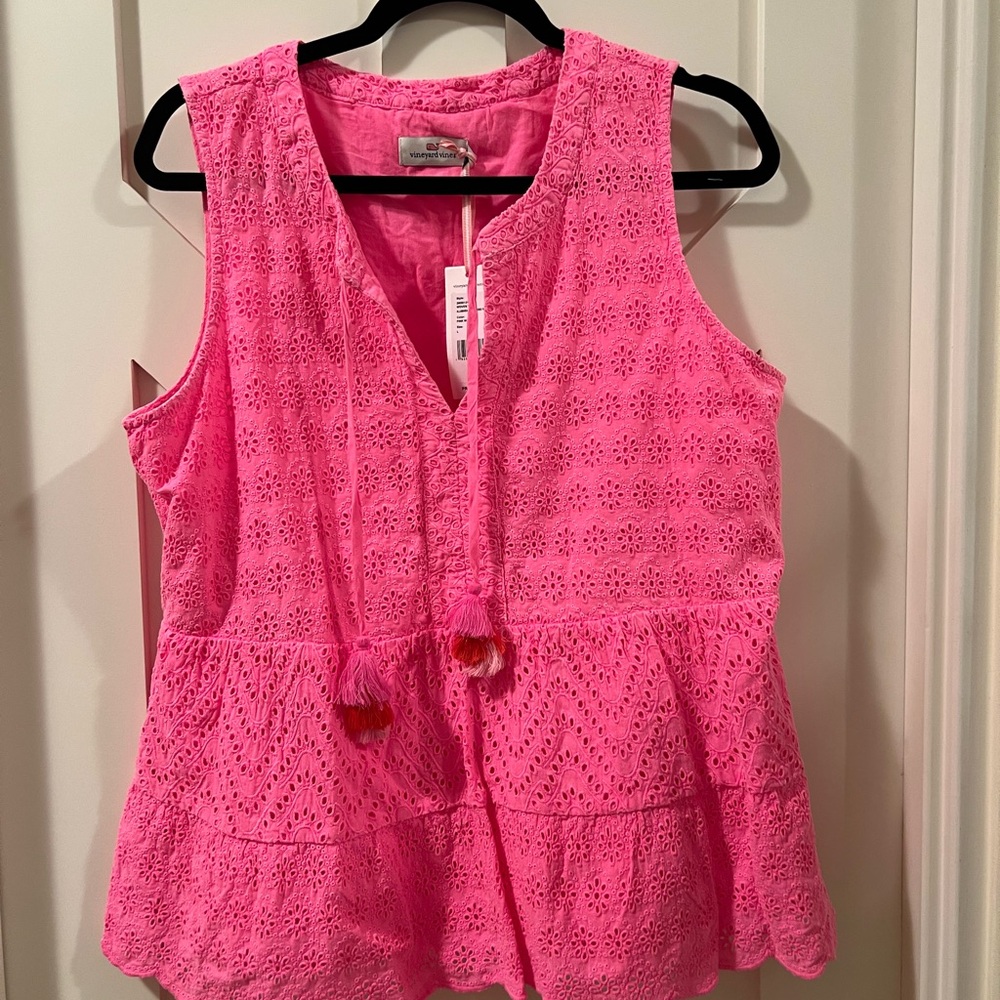 Vineyard Vines Hot Pink Eyelet Tassel Peplum Tank